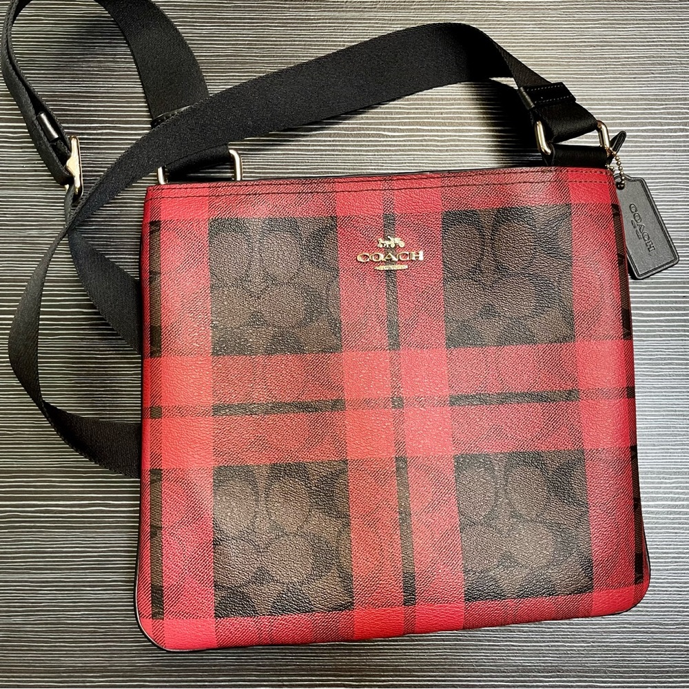 Coach Signature Field Plaid Zip File Crossbody
